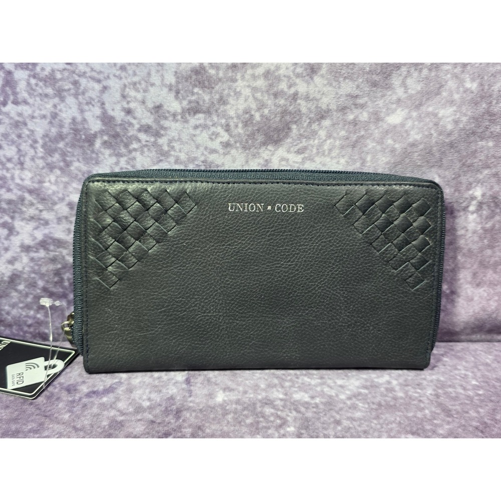 Union Code Black Leather RFID Zip Around Wallet Woven Accents NWT
